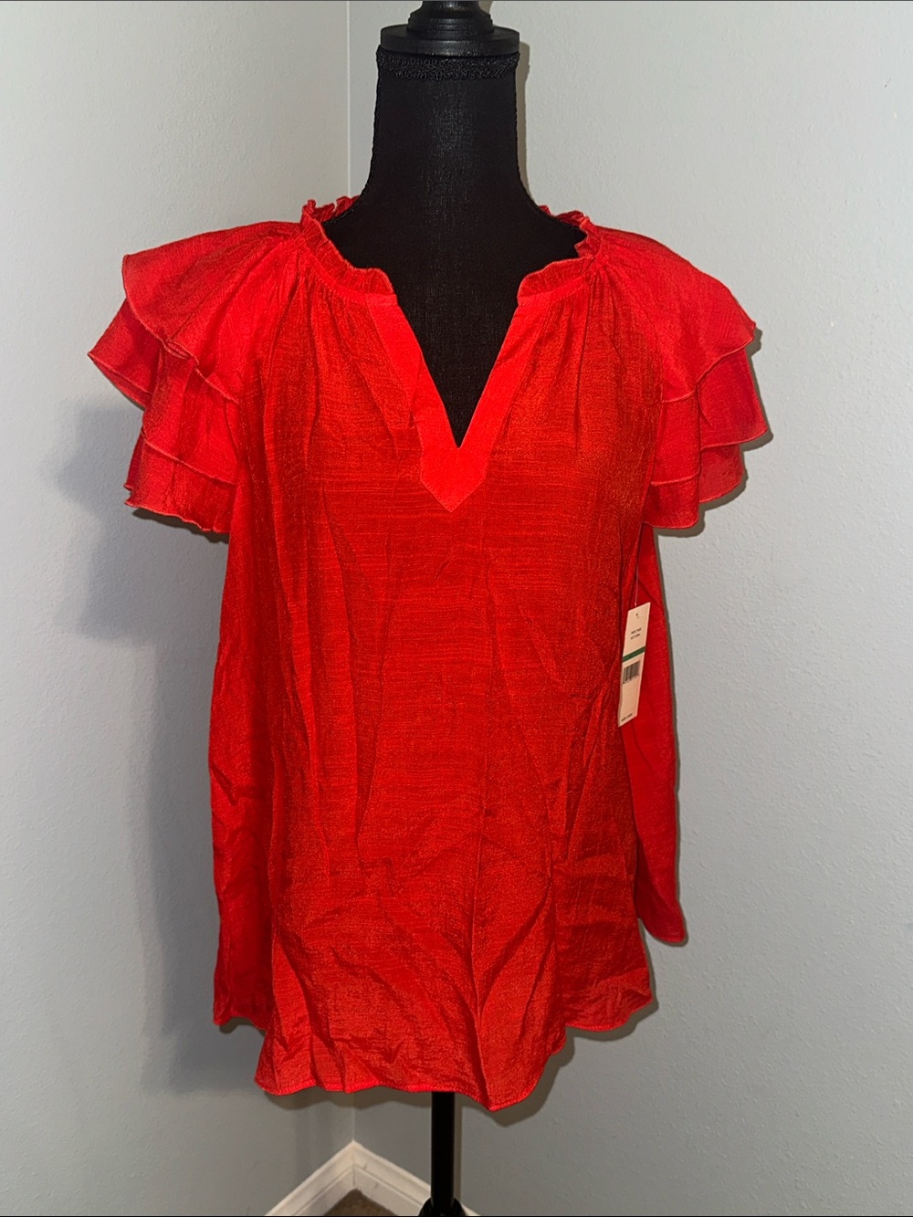 Nannette Red Ruffle Sleeve Split-Neck Blouse